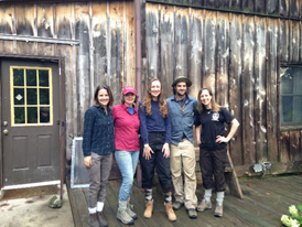 The Forest and Fire Ecology Lab (Left to right: Emily Babl, Heather Alexander, Evie Von Boeckman, Brian Izbicki, and Rachel Arney) after a hard day in the field at Bernheim Arboretum and Research Forest, KY.